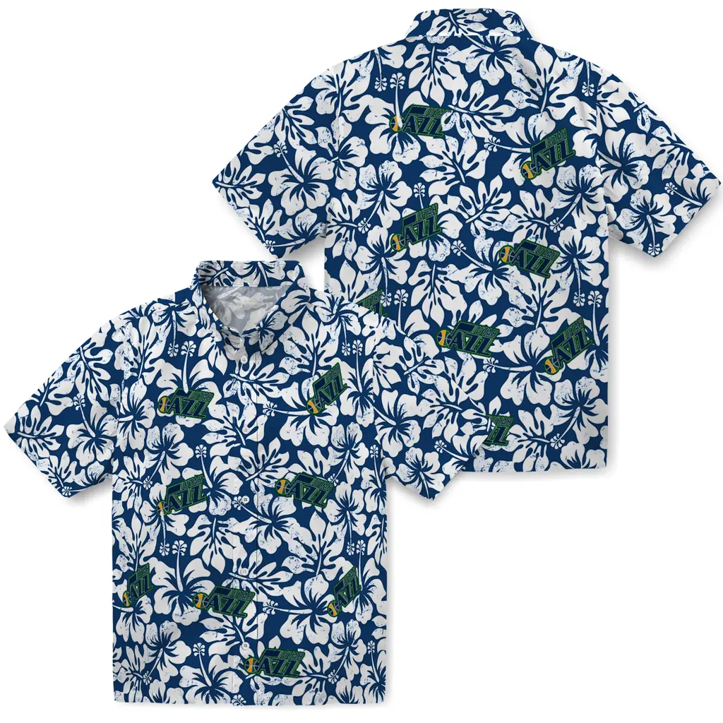 Utah Jazz Hawaiian Shirt - Hibiscus Motif utah jazz hibiscus motif navy white hawaiian shirts high quality