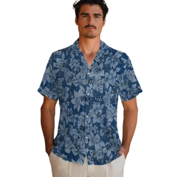 utah jazz hibiscus oasis navy hawaiian shirts fashion forward