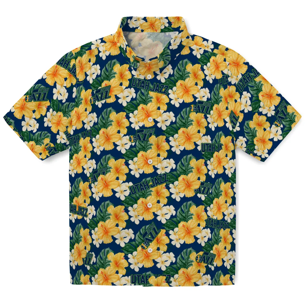 Utah Jazz Hawaiian Shirt - Hibiscus Tropics utah jazz hibiscus tropics navy yellow hawaiian shirts best selling