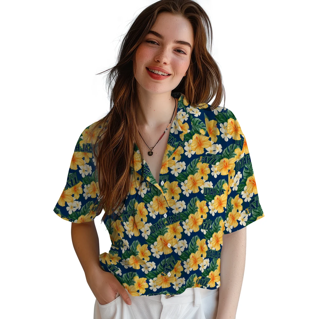 Utah Jazz Hawaiian Shirt - Hibiscus Tropics utah jazz hibiscus tropics navy yellow hawaiian shirts latest model