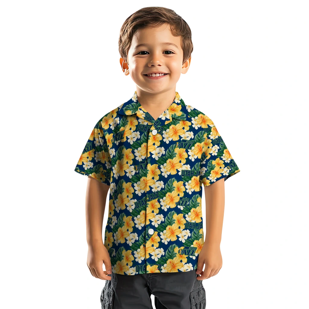 Utah Jazz Hawaiian Shirt - Hibiscus Tropics utah jazz hibiscus tropics navy yellow hawaiian shirts top rated