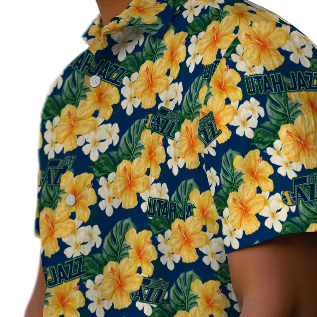 Utah Jazz Hawaiian Shirt - Hibiscus Tropics utah jazz hibiscus tropics navy yellow hawaiian shirts trendy
