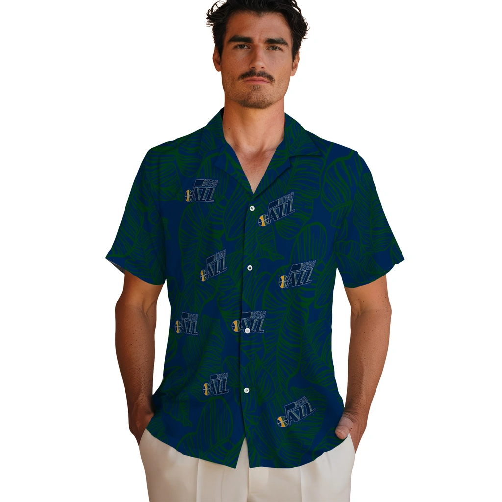 Utah Jazz Hawaiian Shirt - Leaf Outline utah jazz leaf outline navy hawaiian shirts fashion forward