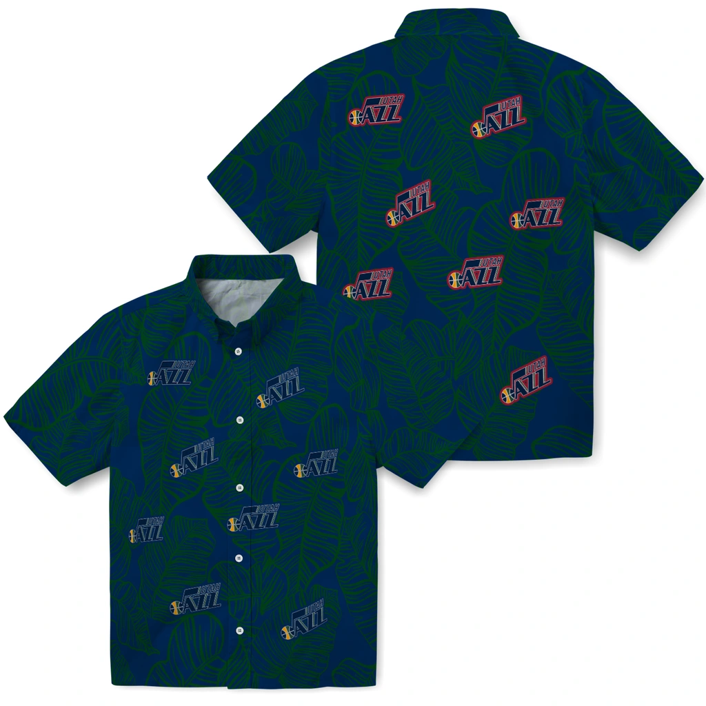 Utah Jazz Hawaiian Shirt - Leaf Outline utah jazz leaf outline navy hawaiian shirts high quality