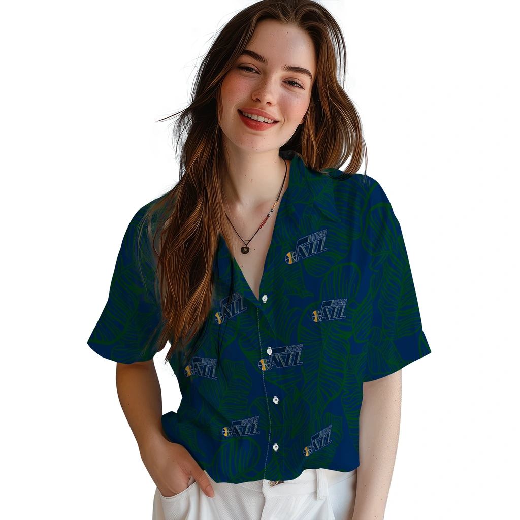 Utah Jazz Hawaiian Shirt - Leaf Outline utah jazz leaf outline navy hawaiian shirts latest model
