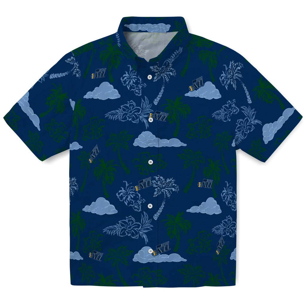Utah Jazz Hawaiian Shirt - Palm And Clouds utah jazz palm and clouds navy hawaiian shirts best selling