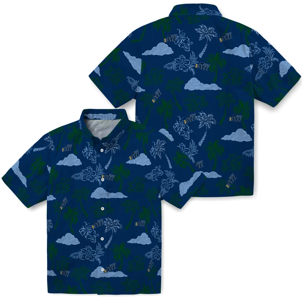 Utah Jazz Hawaiian Shirt - Palm And Clouds utah jazz palm and clouds navy hawaiian shirts high quality