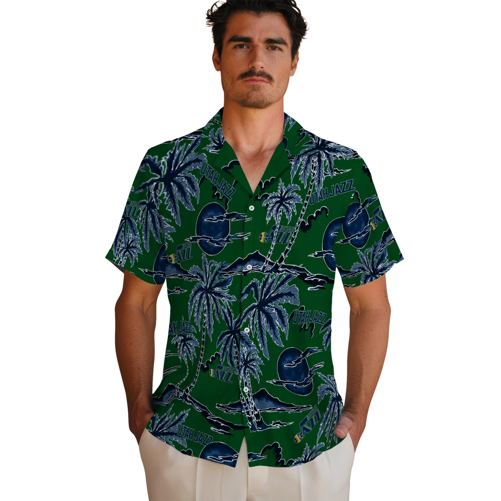 Utah Jazz Hawaiian Shirt - Palm Sunset utah jazz palm sunset hawaiian shirts fashion forward