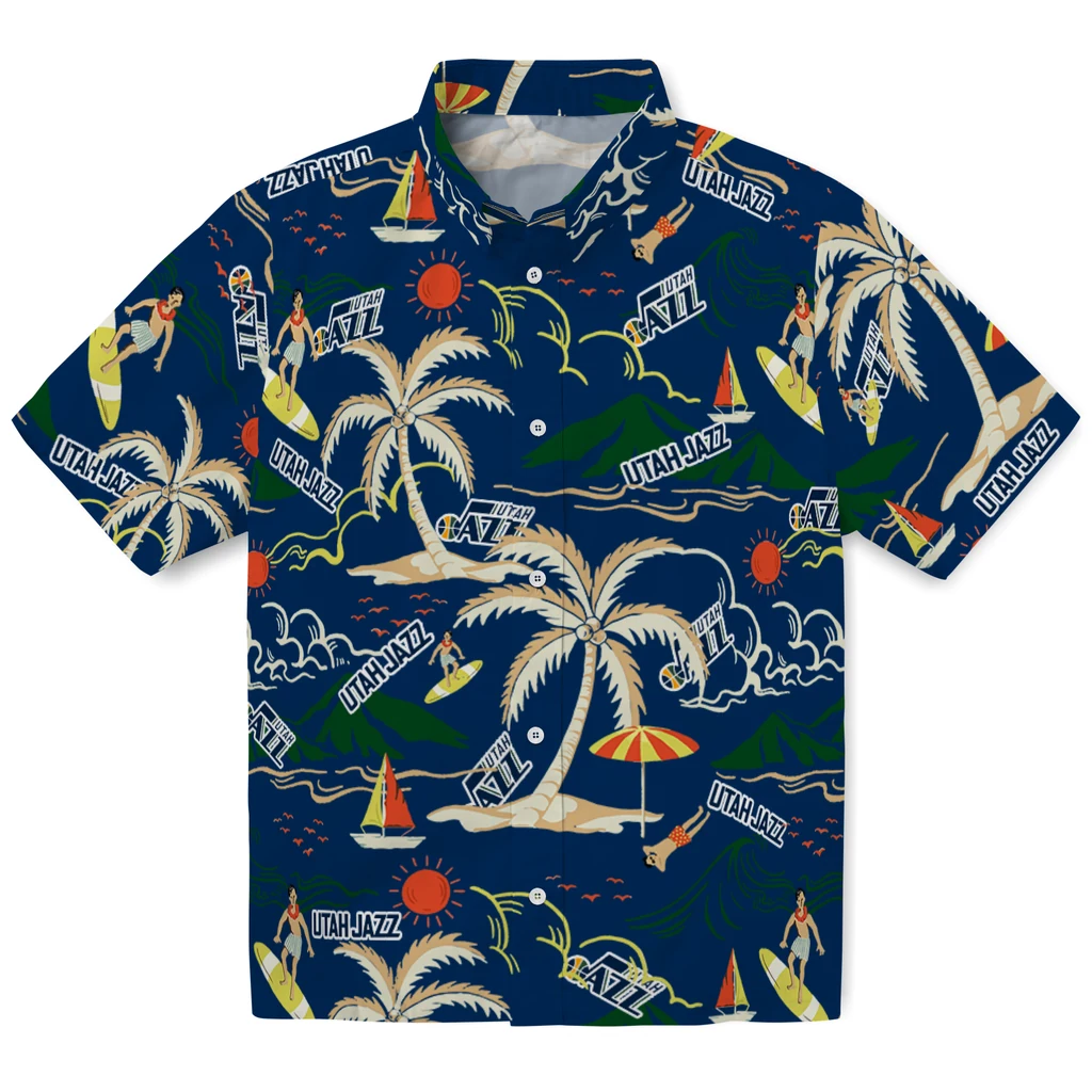 Utah Jazz Hawaiian Shirt - Palm Tree Island utah jazz palm tree island navy hawaiian shirts best selling