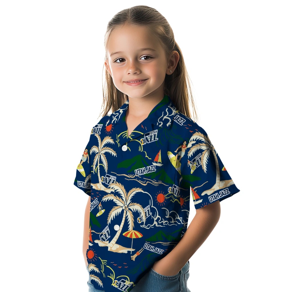 Utah Jazz Hawaiian Shirt - Palm Tree Island utah jazz palm tree island navy hawaiian shirts premium grade