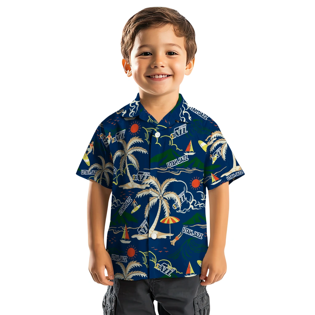 Utah Jazz Hawaiian Shirt - Palm Tree Island utah jazz palm tree island navy hawaiian shirts top rated