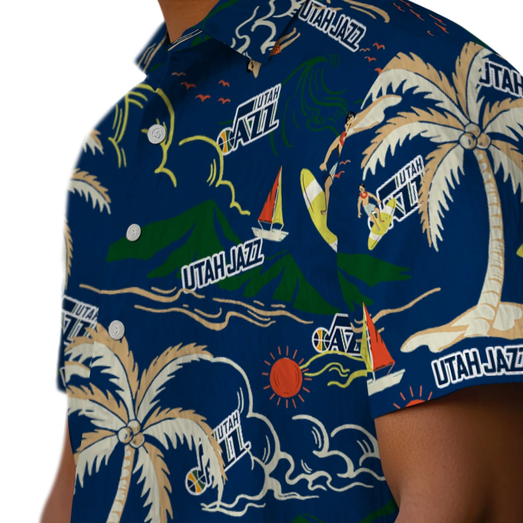 Utah Jazz Hawaiian Shirt - Palm Tree Island utah jazz palm tree island navy hawaiian shirts trendy
