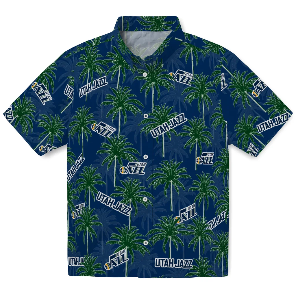 Utah Jazz Hawaiian Shirt - Palm Tree Motif utah jazz palm grove navy hawaiian shirts best selling