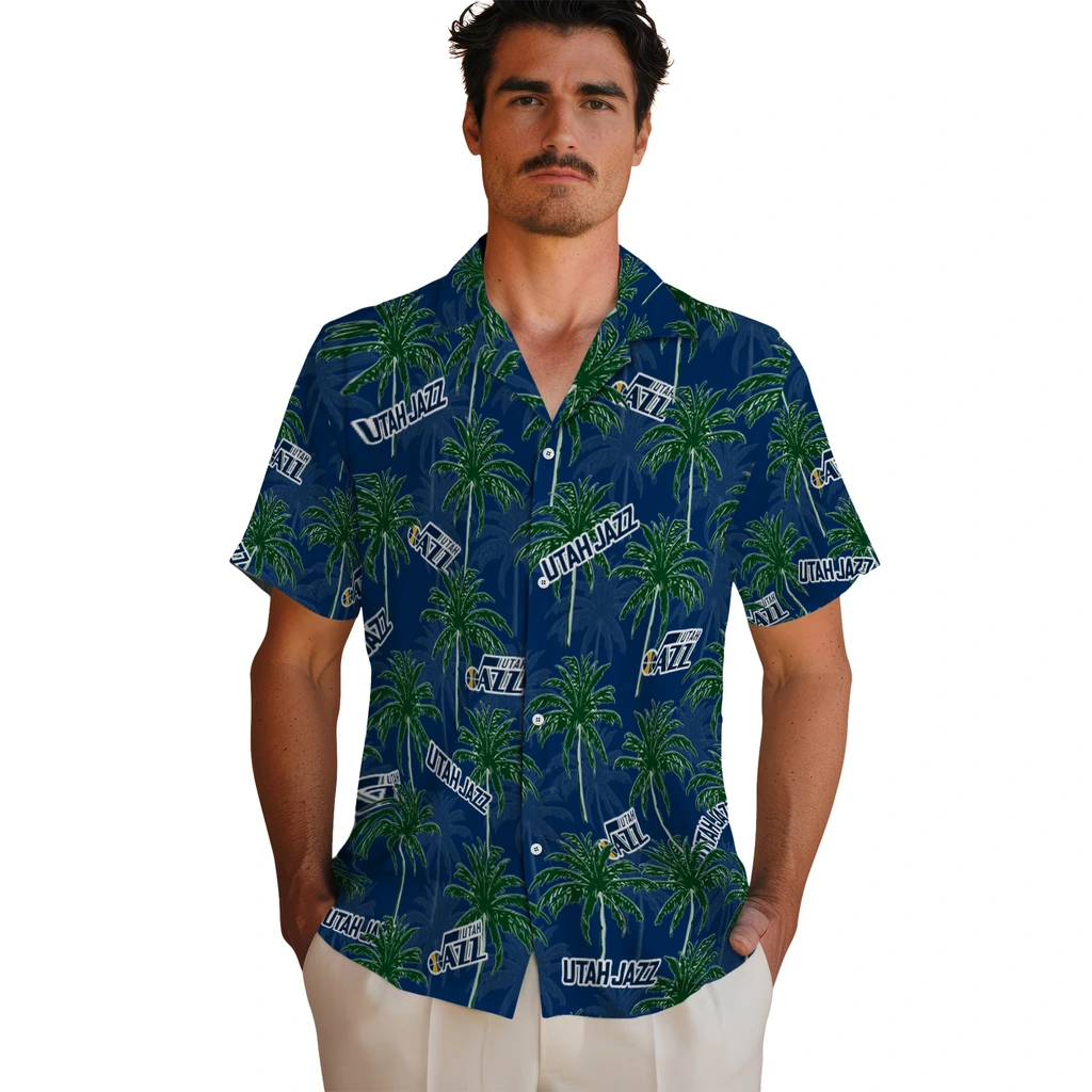 Utah Jazz Hawaiian Shirt - Palm Tree Motif utah jazz palm grove navy hawaiian shirts fashion forward