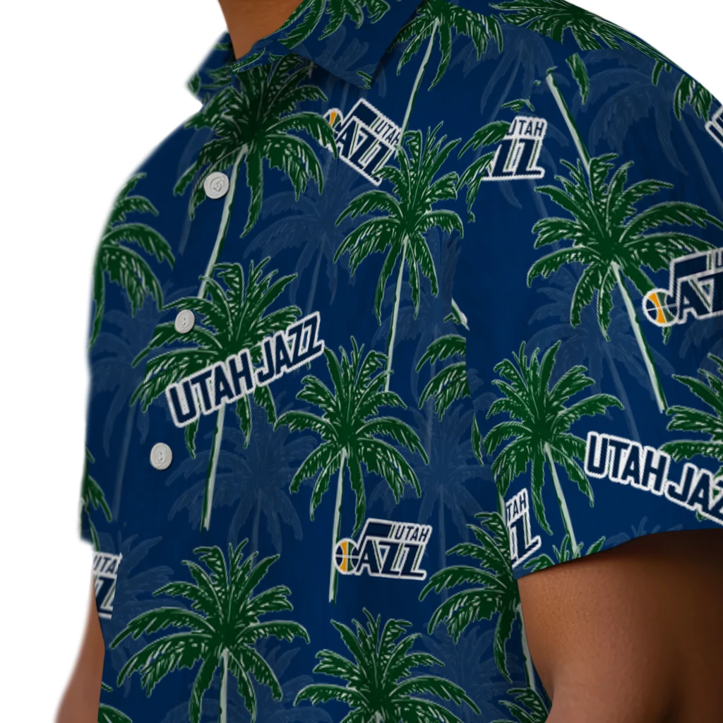 Utah Jazz Hawaiian Shirt - Palm Tree Motif utah jazz palm grove navy hawaiian shirts trendy