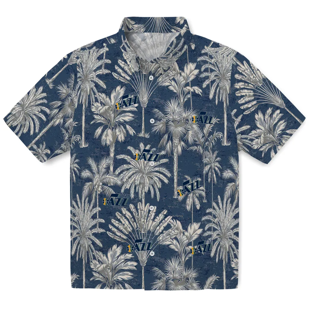 Utah Jazz Hawaiian Shirt - Vintage Palm Tree utah jazz palm shadows navy hawaiian shirts best selling