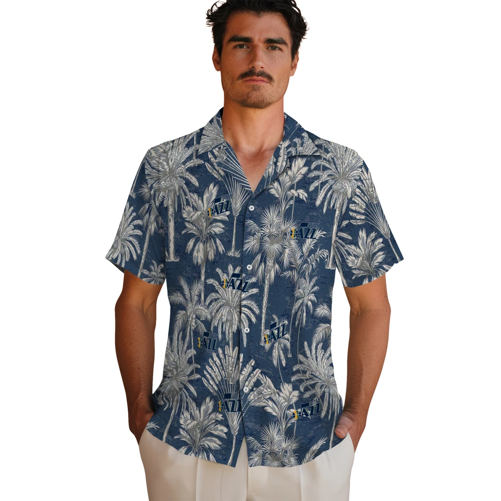 Utah Jazz Hawaiian Shirt - Vintage Palm Tree utah jazz palm shadows navy hawaiian shirts fashion forward