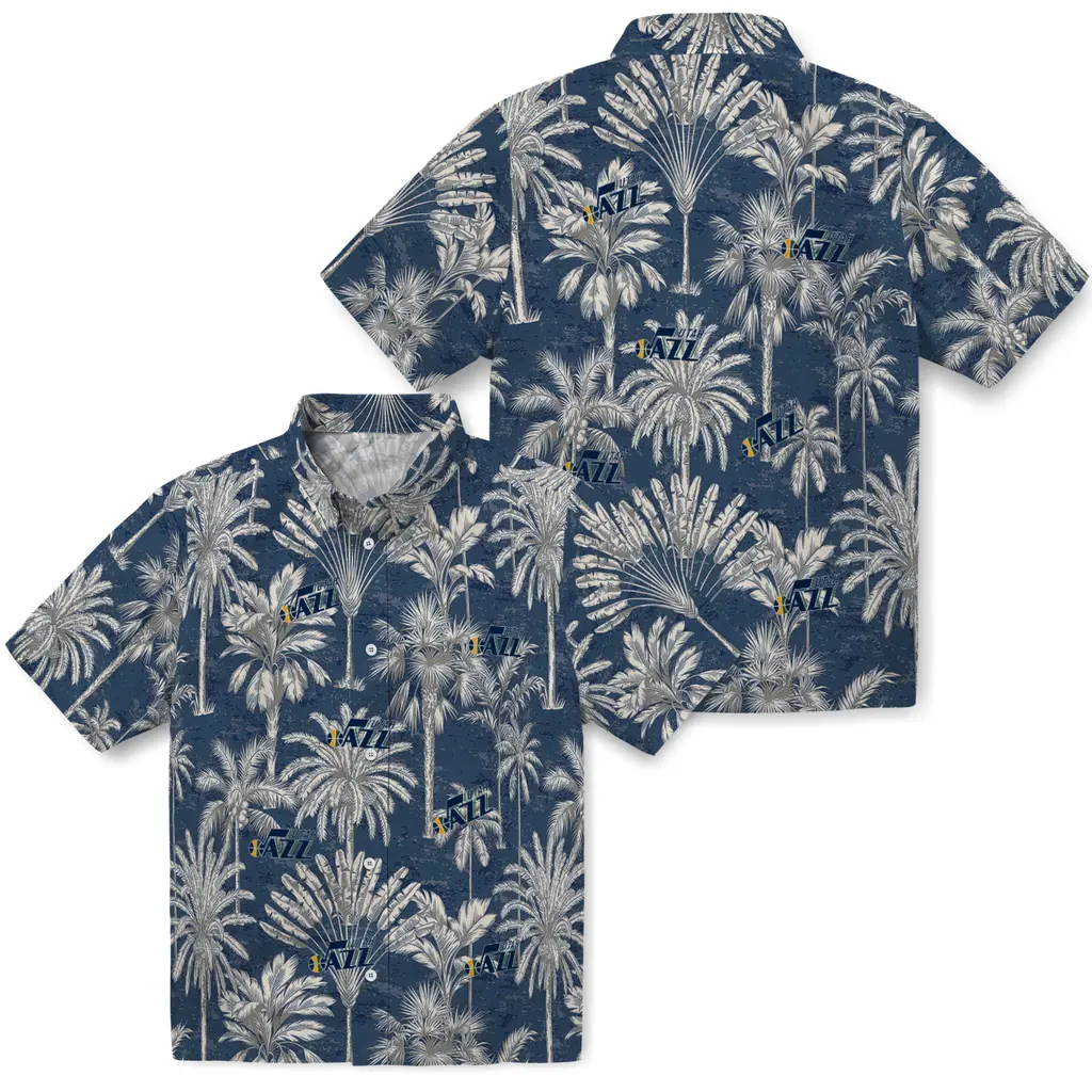 Utah Jazz Hawaiian Shirt - Vintage Palm Tree utah jazz palm shadows navy hawaiian shirts high quality