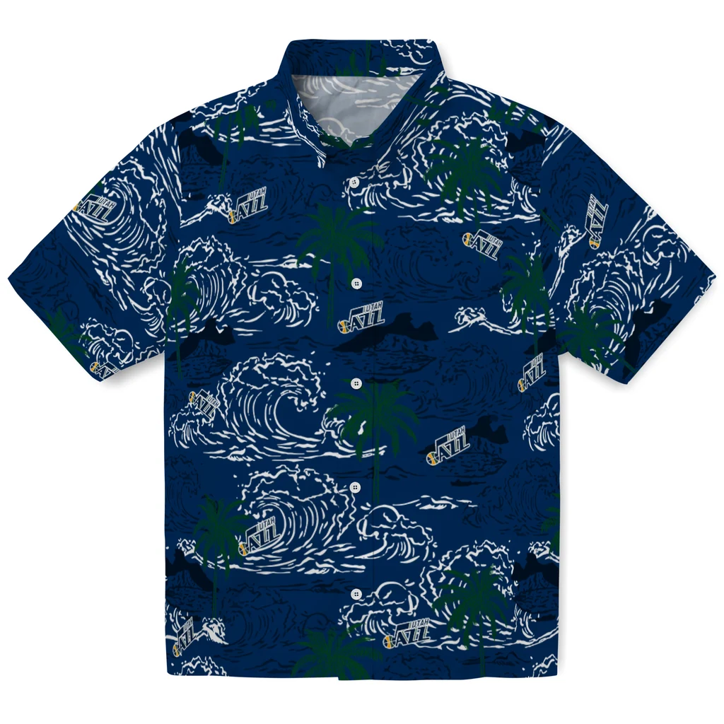 Utah Jazz Hawaiian Shirt - Wave Palm utah jazz wave palm navy hawaiian shirts best selling