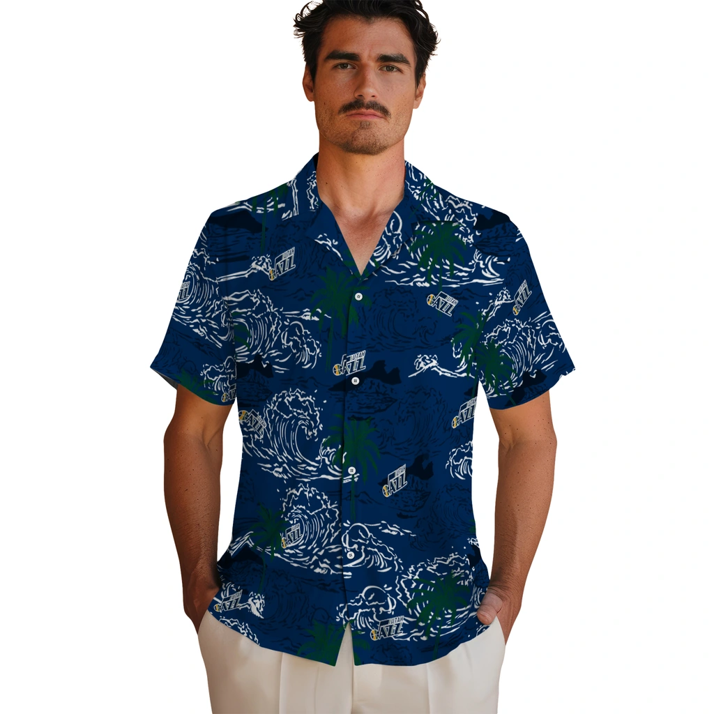 Utah Jazz Hawaiian Shirt - Wave Palm utah jazz wave palm navy hawaiian shirts fashion forward