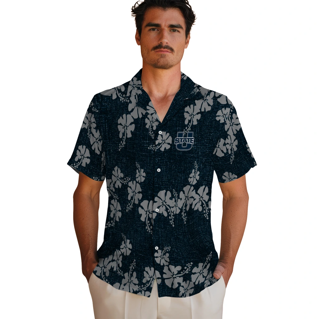 Utah State Aggies Hawaiian Shirt - 50th State Flower utah state aggies hibiscus petals navy hawaiian shirts fashion forward