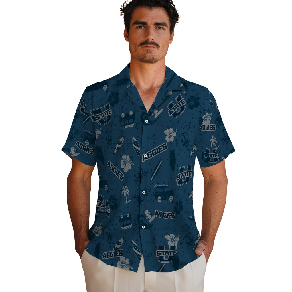 Utah State Aggies Hawaiian Shirt - Beach Vibe utah state aggies beach vibe navy hawaiian shirts fashion forward