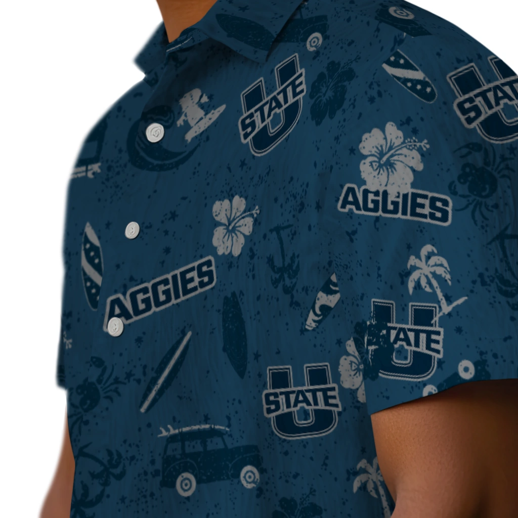 Utah State Aggies Hawaiian Shirt - Beach Vibe utah state aggies beach vibe navy hawaiian shirts trendy