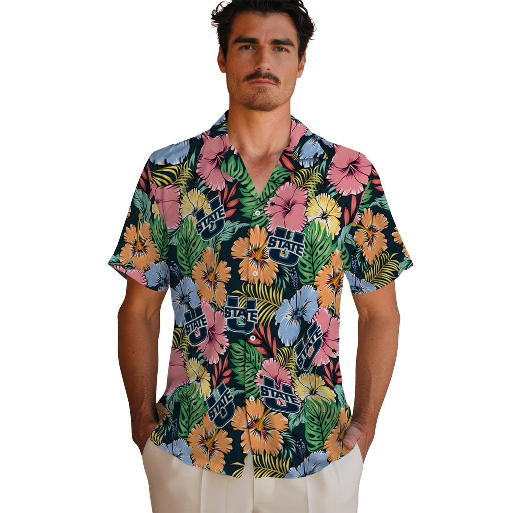 Utah State Aggies Hawaiian Shirt - Brilliant Hibiscus Garden utah state aggies brilliant hibiscus garden hawaiian shirts fashion forward