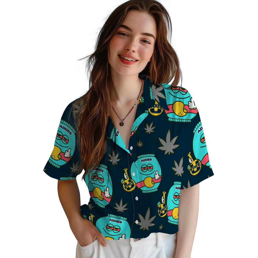 Utah State Aggies Hawaiian Shirt - Chill Vibe utah state aggies bong smile navy hawaiian shirts latest model