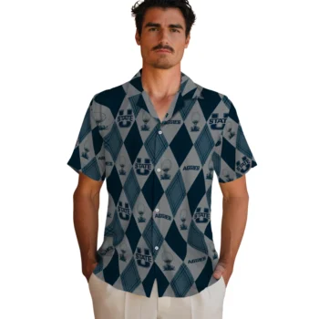 utah state aggies balloon plaid navy hawaiian shirts fashion forward