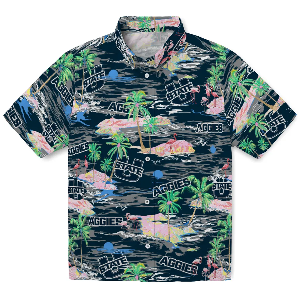 Utah State Aggies Hawaiian Shirt - Hawaii Island utah state aggies flamingo retreat navy hawaiian shirts best selling