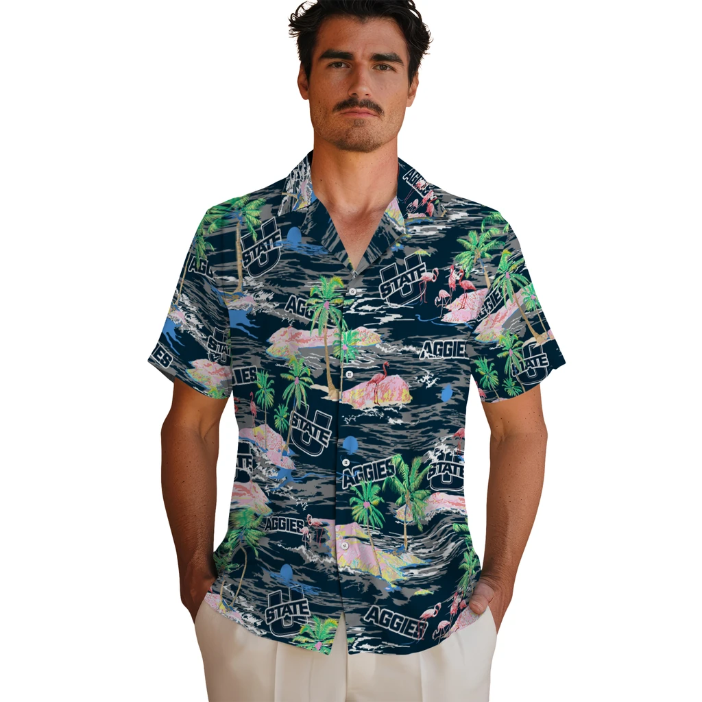 Utah State Aggies Hawaiian Shirt - Hawaii Island utah state aggies flamingo retreat navy hawaiian shirts fashion forward