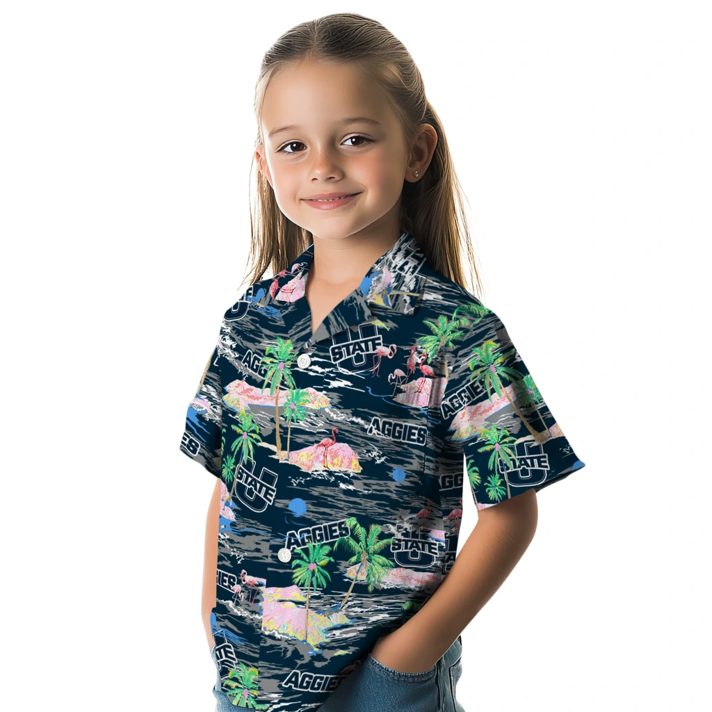 Utah State Aggies Hawaiian Shirt - Hawaii Island utah state aggies flamingo retreat navy hawaiian shirts premium grade