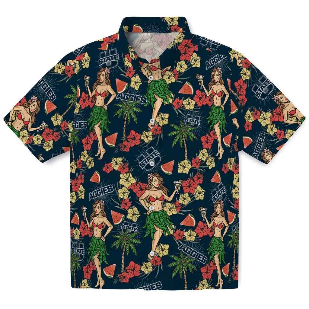 Utah State Aggies Hawaiian Shirt - Hawaiian Girls Design utah state aggies hawaiian girls design navy hawaiian shirts best selling