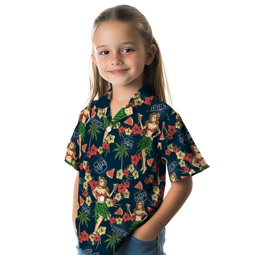 Utah State Aggies Hawaiian Shirt - Hawaiian Girls Design utah state aggies hawaiian girls design navy hawaiian shirts premium grade