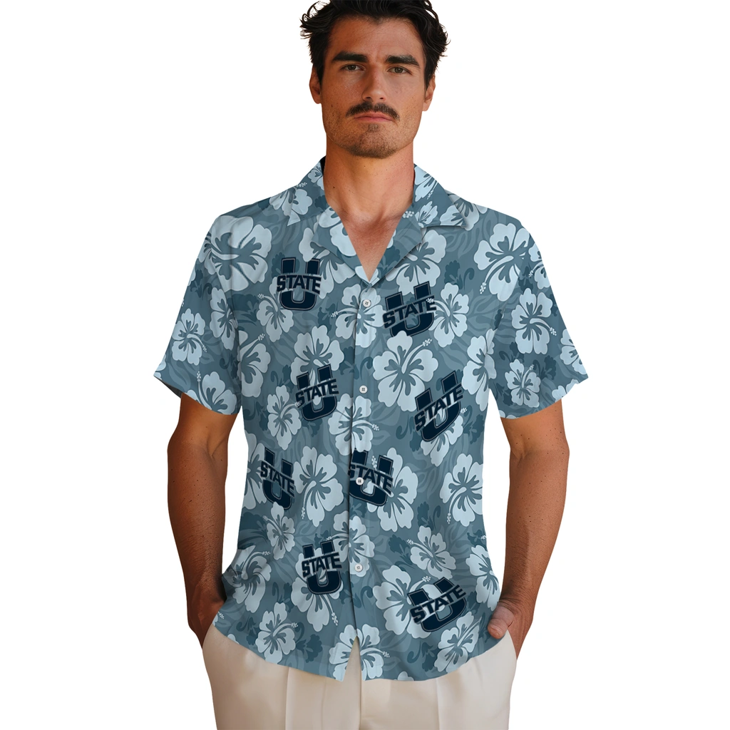 Utah State Aggies Hawaiian Shirt - Hibiscus Cluster utah state aggies hibiscus cluster navy hawaiian shirts fashion forward