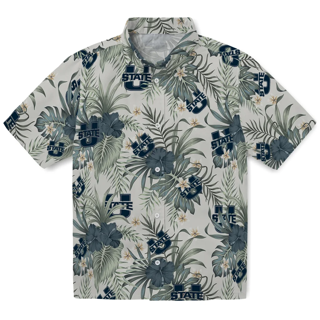 Utah State Aggies Hawaiian Shirt - Hibiscus Designs utah state aggies hibiscus designs beige hawaiian shirts best selling