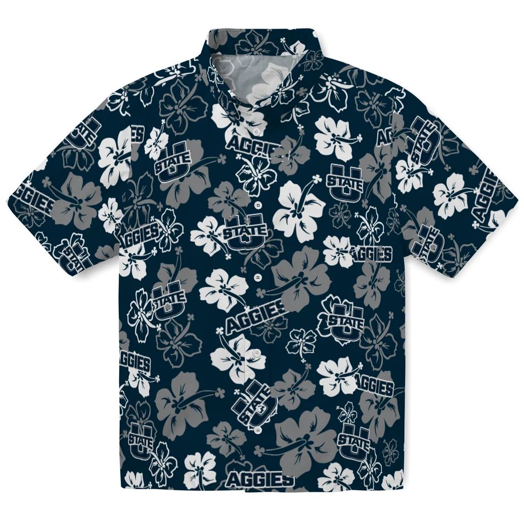 Utah State Aggies Hawaiian Shirt - Hibiscus Flower Design utah state aggies hibiscus bloom navy hawaiian shirts best selling