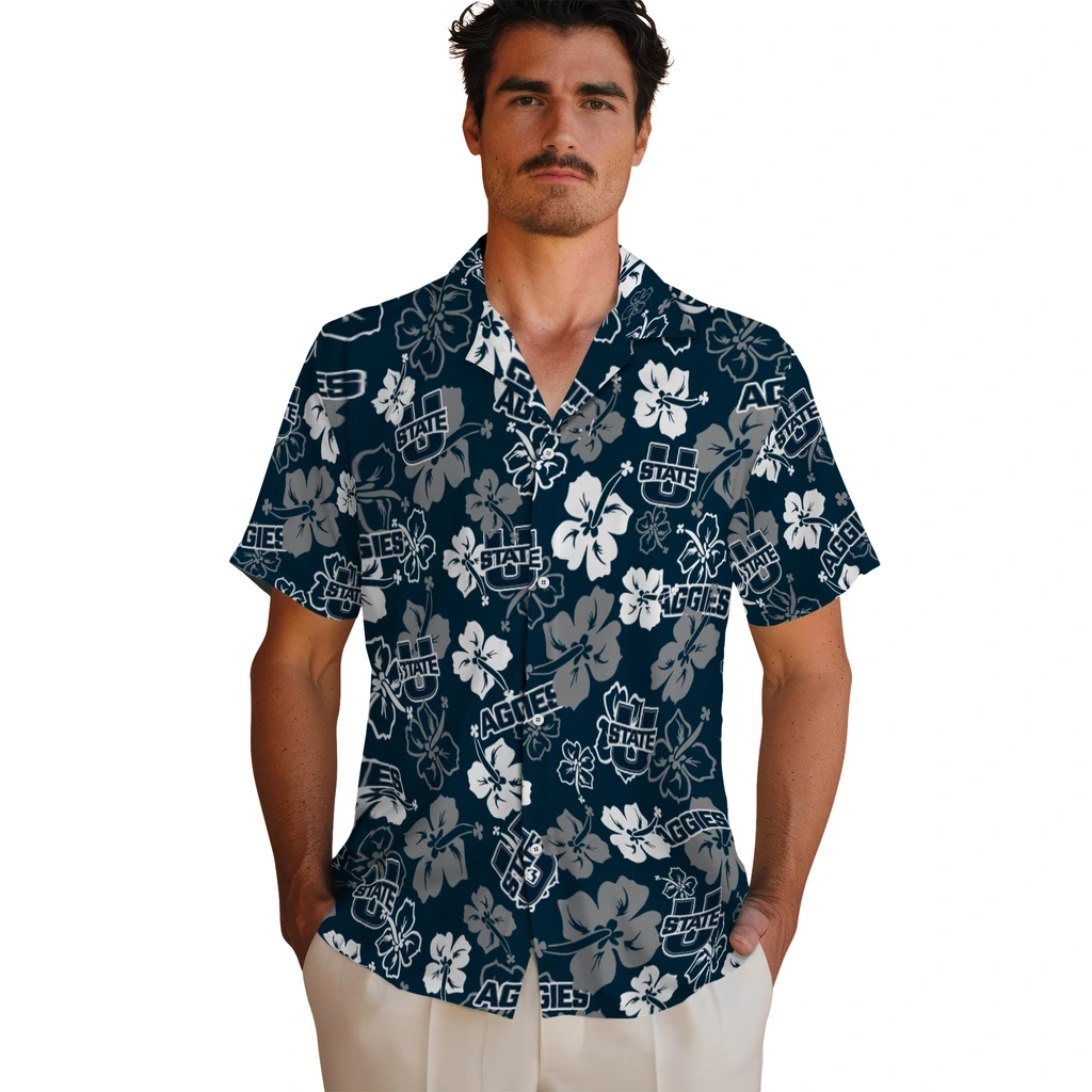 Utah State Aggies Hawaiian Shirt - Hibiscus Flower Design utah state aggies hibiscus bloom navy hawaiian shirts fashion forward