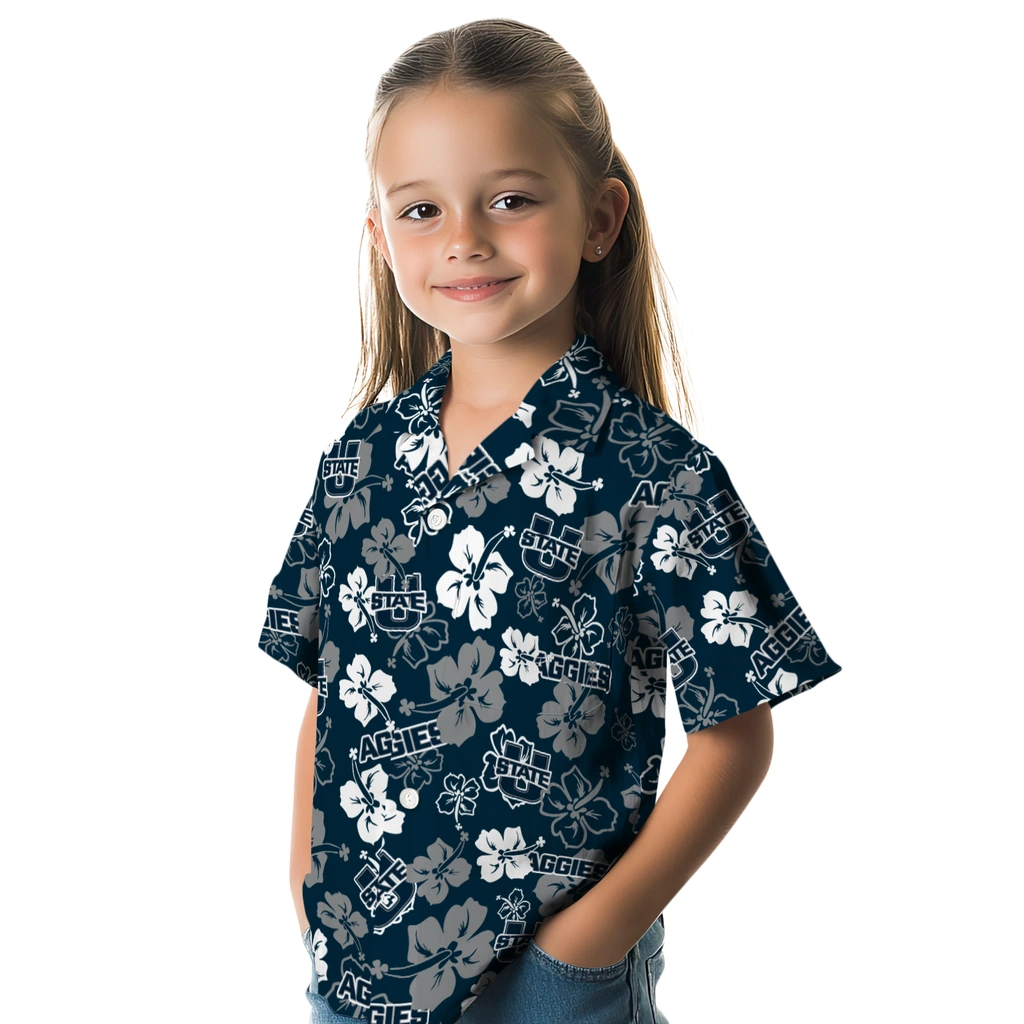 Utah State Aggies Hawaiian Shirt - Hibiscus Flower Design utah state aggies hibiscus bloom navy hawaiian shirts premium grade