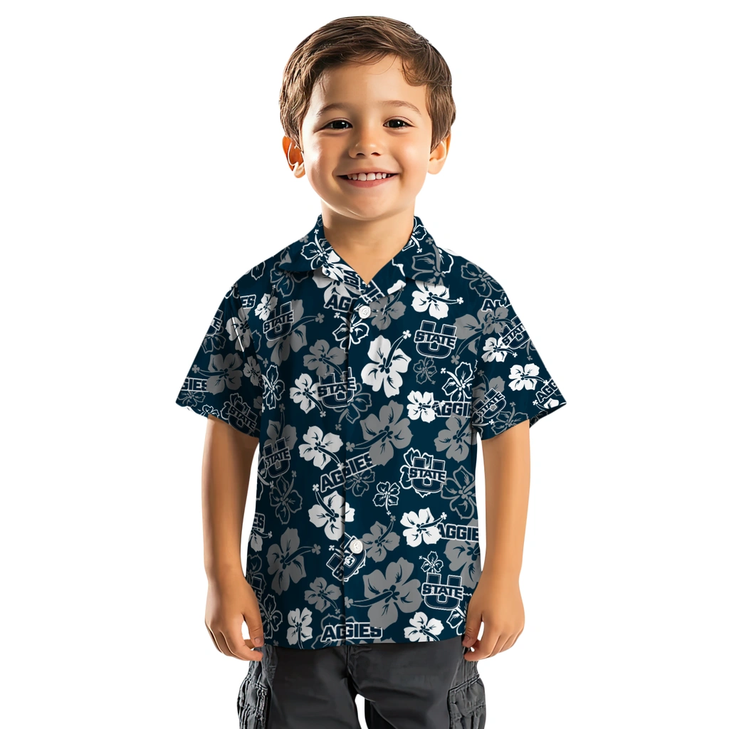 Utah State Aggies Hawaiian Shirt - Hibiscus Flower Design utah state aggies hibiscus bloom navy hawaiian shirts top rated