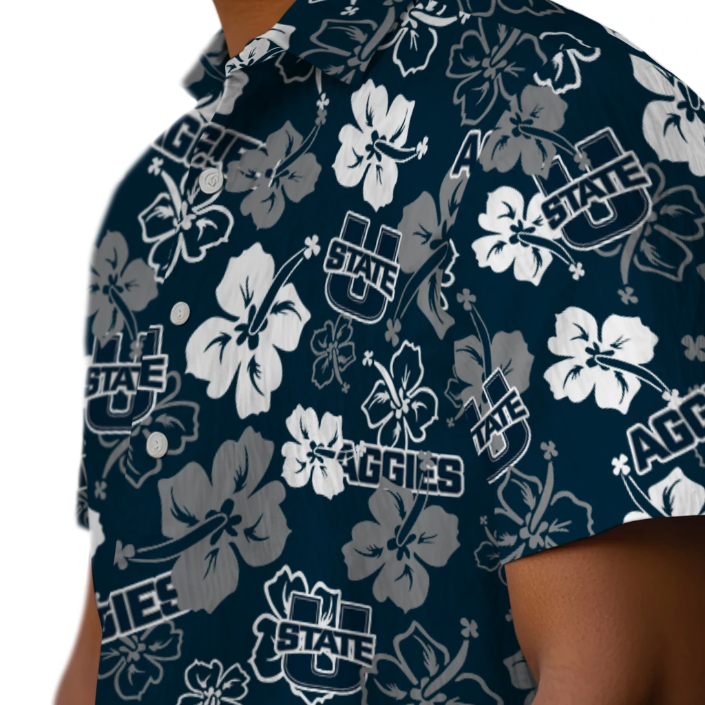 Utah State Aggies Hawaiian Shirt - Hibiscus Flower Design utah state aggies hibiscus bloom navy hawaiian shirts trendy