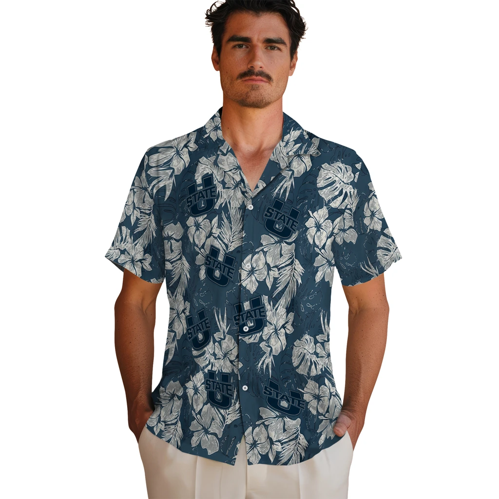 Utah State Aggies Hawaiian Shirt - Hibiscus Flowers utah state aggies hibiscus flowers navy blue hawaiian shirts fashion forward
