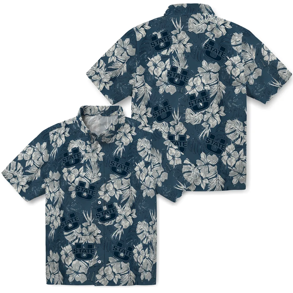 Utah State Aggies Hawaiian Shirt - Hibiscus Flowers utah state aggies hibiscus flowers navy blue hawaiian shirts high quality