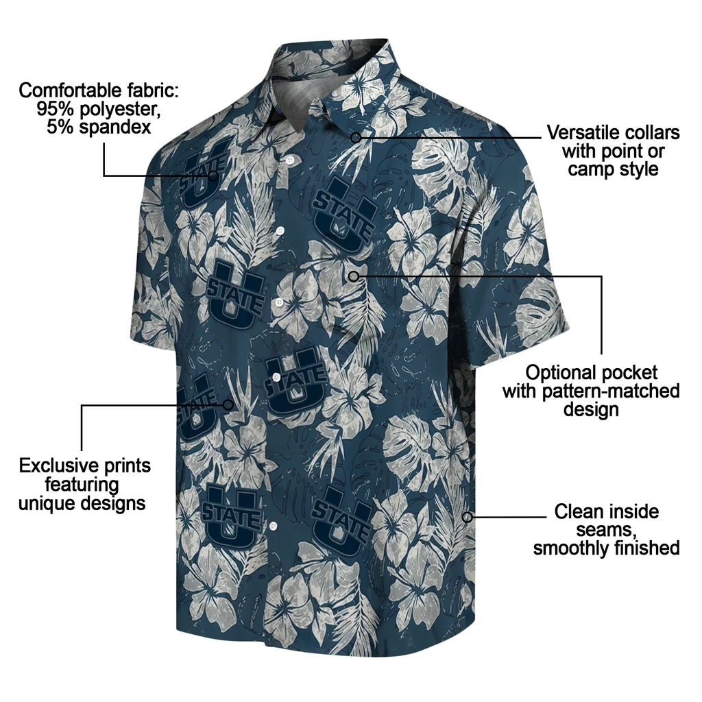 Utah State Aggies Hawaiian Shirt - Hibiscus Flowers utah state aggies hibiscus flowers navy blue hawaiian shirts new arrival