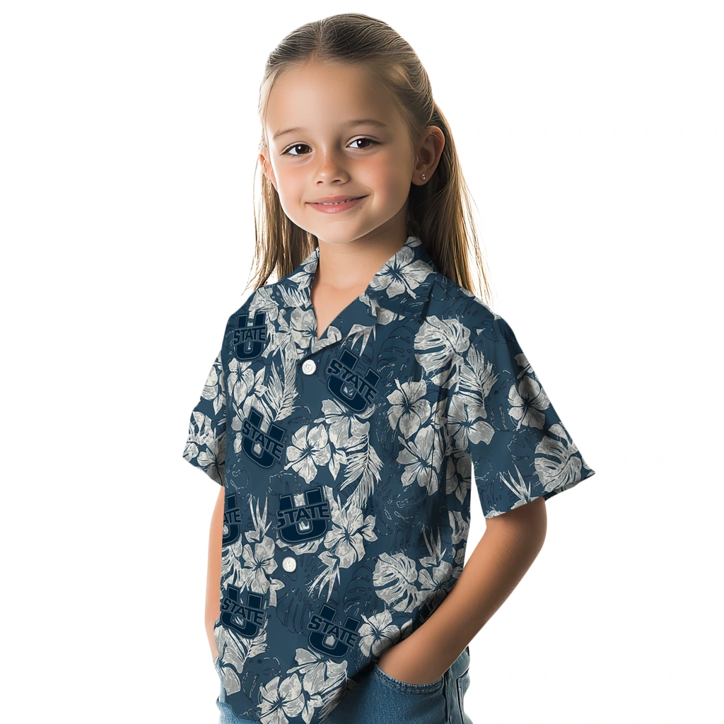 Utah State Aggies Hawaiian Shirt - Hibiscus Flowers utah state aggies hibiscus flowers navy blue hawaiian shirts premium grade