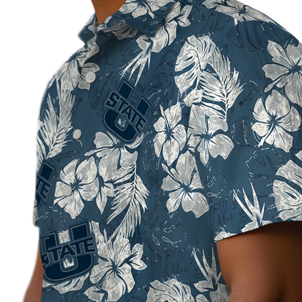 Utah State Aggies Hawaiian Shirt - Hibiscus Flowers utah state aggies hibiscus flowers navy blue hawaiian shirts trendy