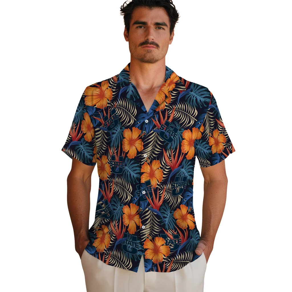 Utah State Aggies Hawaiian Shirt - Hibiscus Foliage utah state aggies hibiscus foliage hawaiian shirts fashion forward