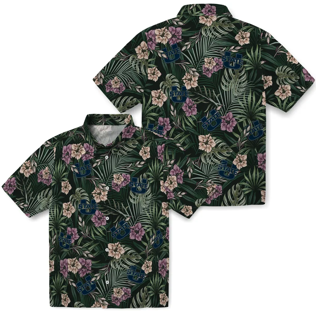 Utah State Aggies Hawaiian Shirt - Hibiscus Leaves Pattern utah state aggies hibiscus leaves pattern green hawaiian shirts high quality
