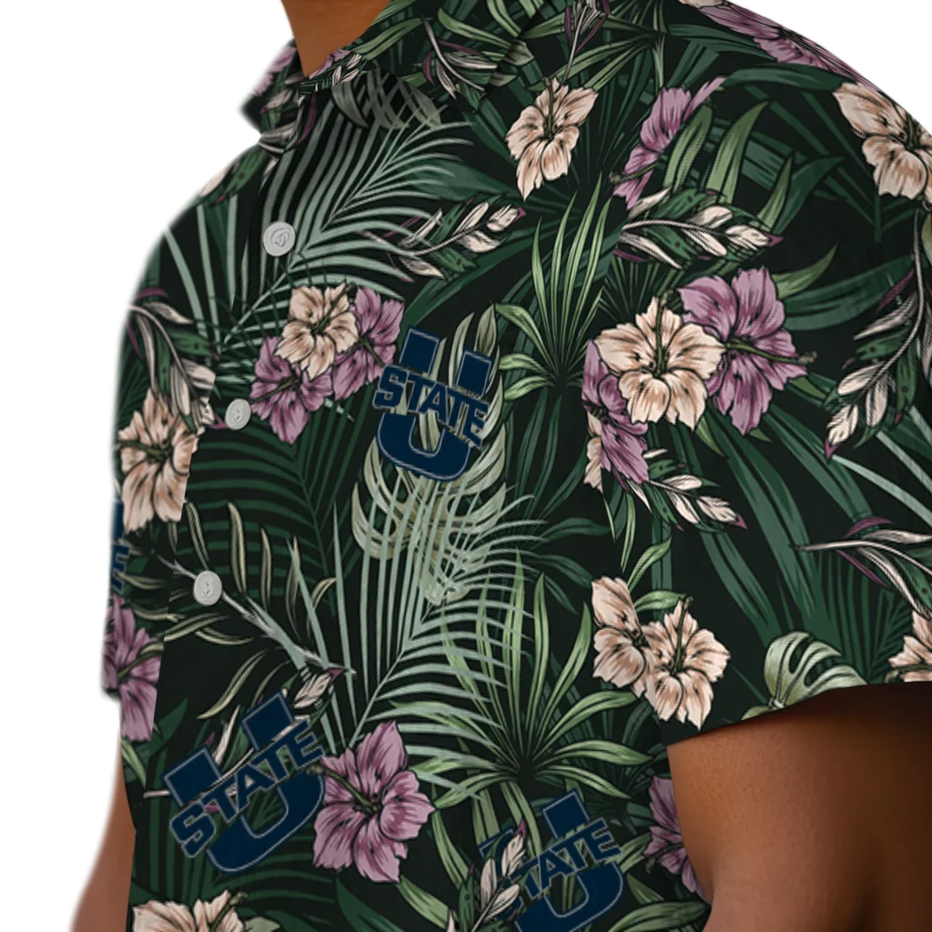 Utah State Aggies Hawaiian Shirt - Hibiscus Leaves Pattern utah state aggies hibiscus leaves pattern green hawaiian shirts trendy